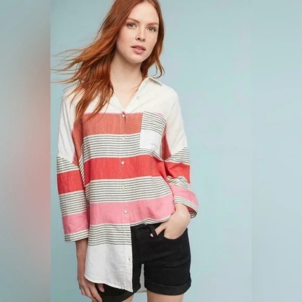 Anthropologie Holding Horses Monroe Stripe Oversize Button Shirt Red Pink Small